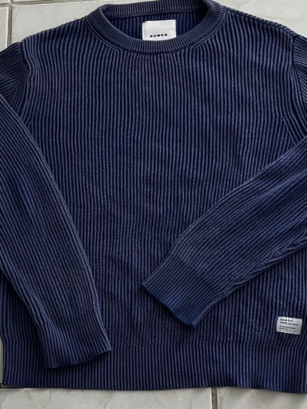 BOWEN Heather Blue Vertical Ribbed Fisherman Argentina Knit Cotton Sweater